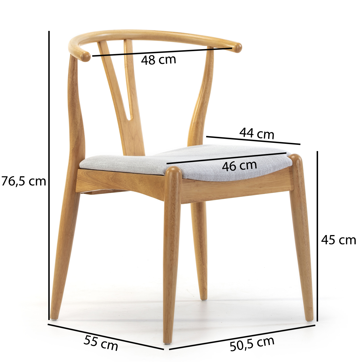 Silla de madera con asiento tapizado y medidas.