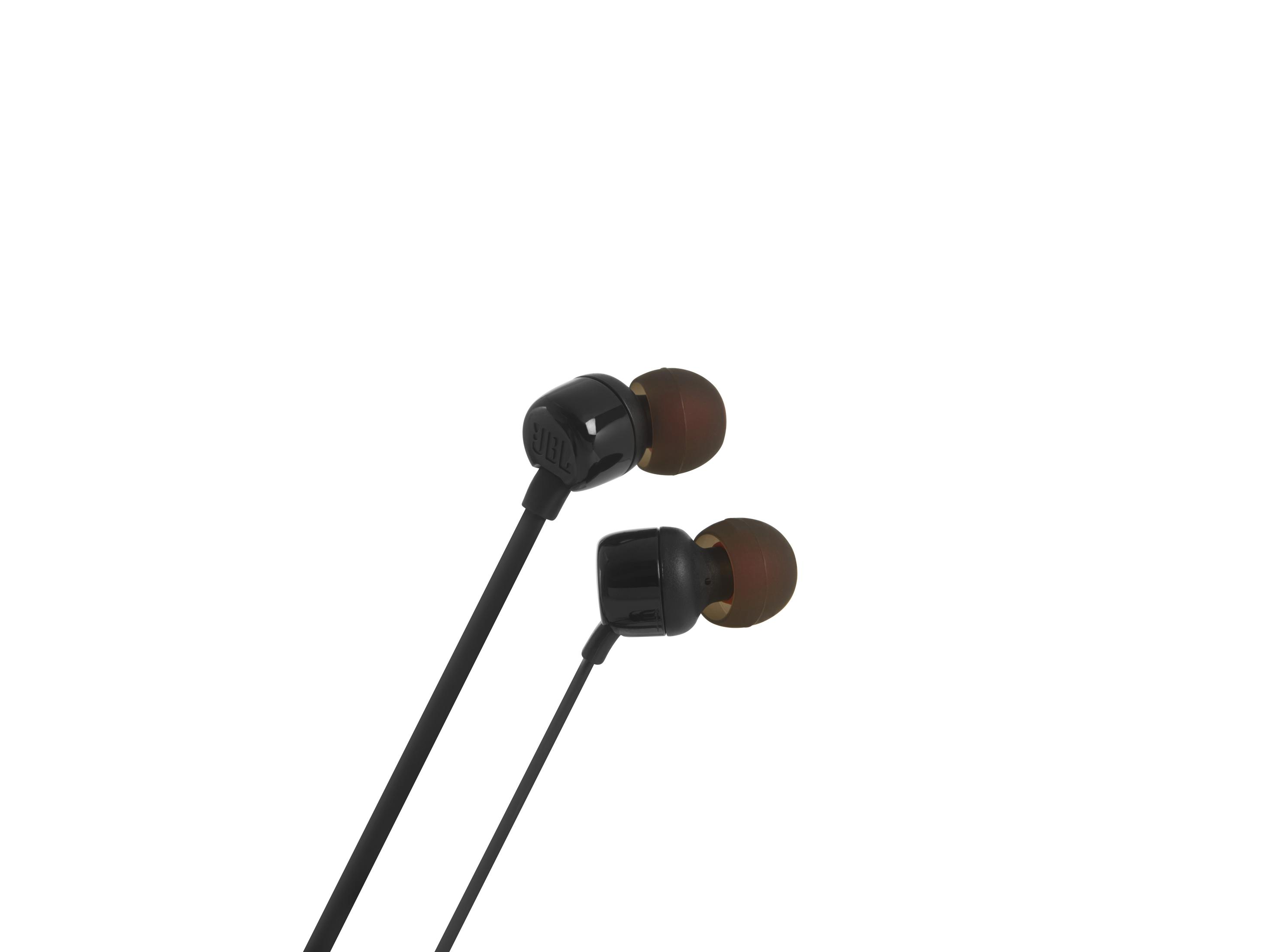 Auricolari JBL neri con gommini marroni su sfondo bianco.