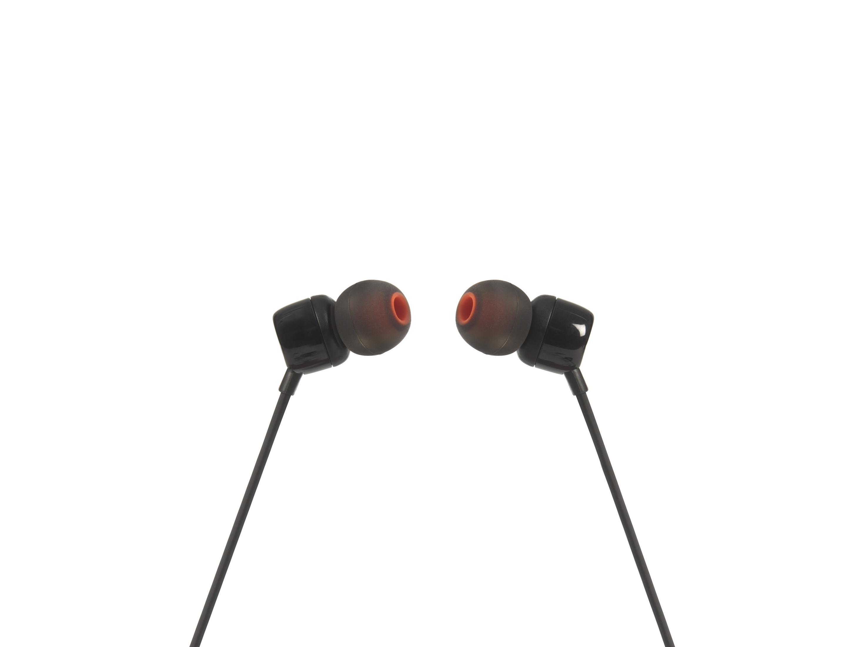 Auricolari neri con accenti rossi su sfondo bianco.