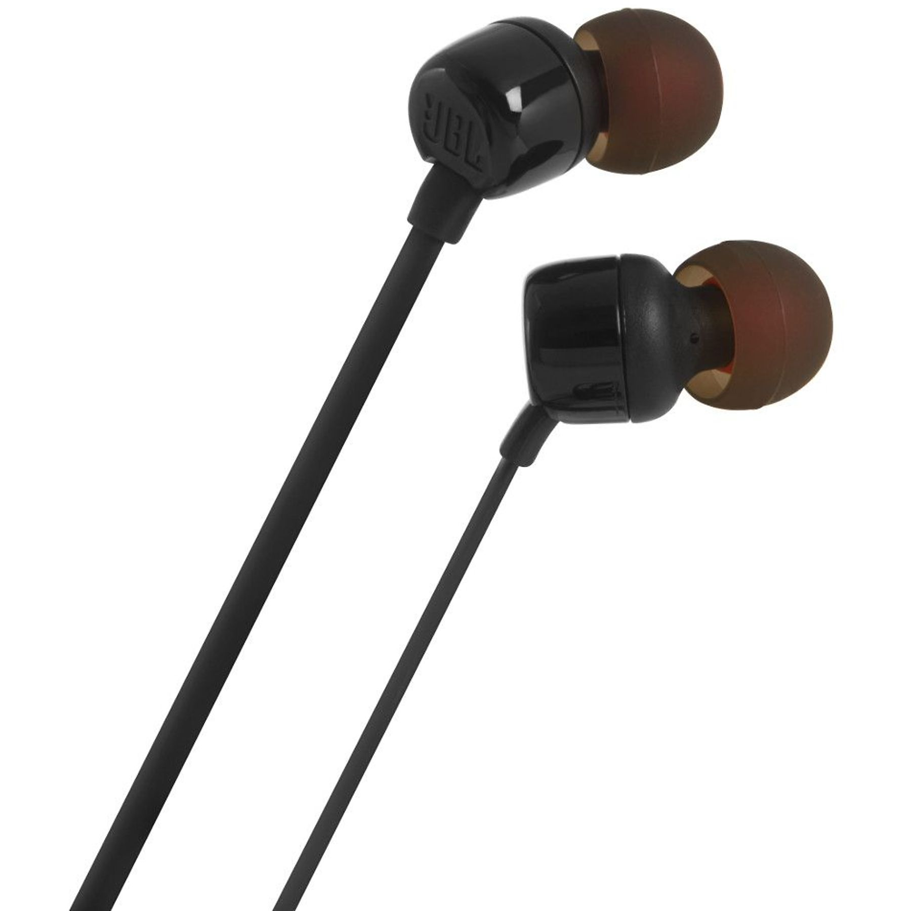 Auricolari JBL neri con gommini marroni su sfondo bianco.