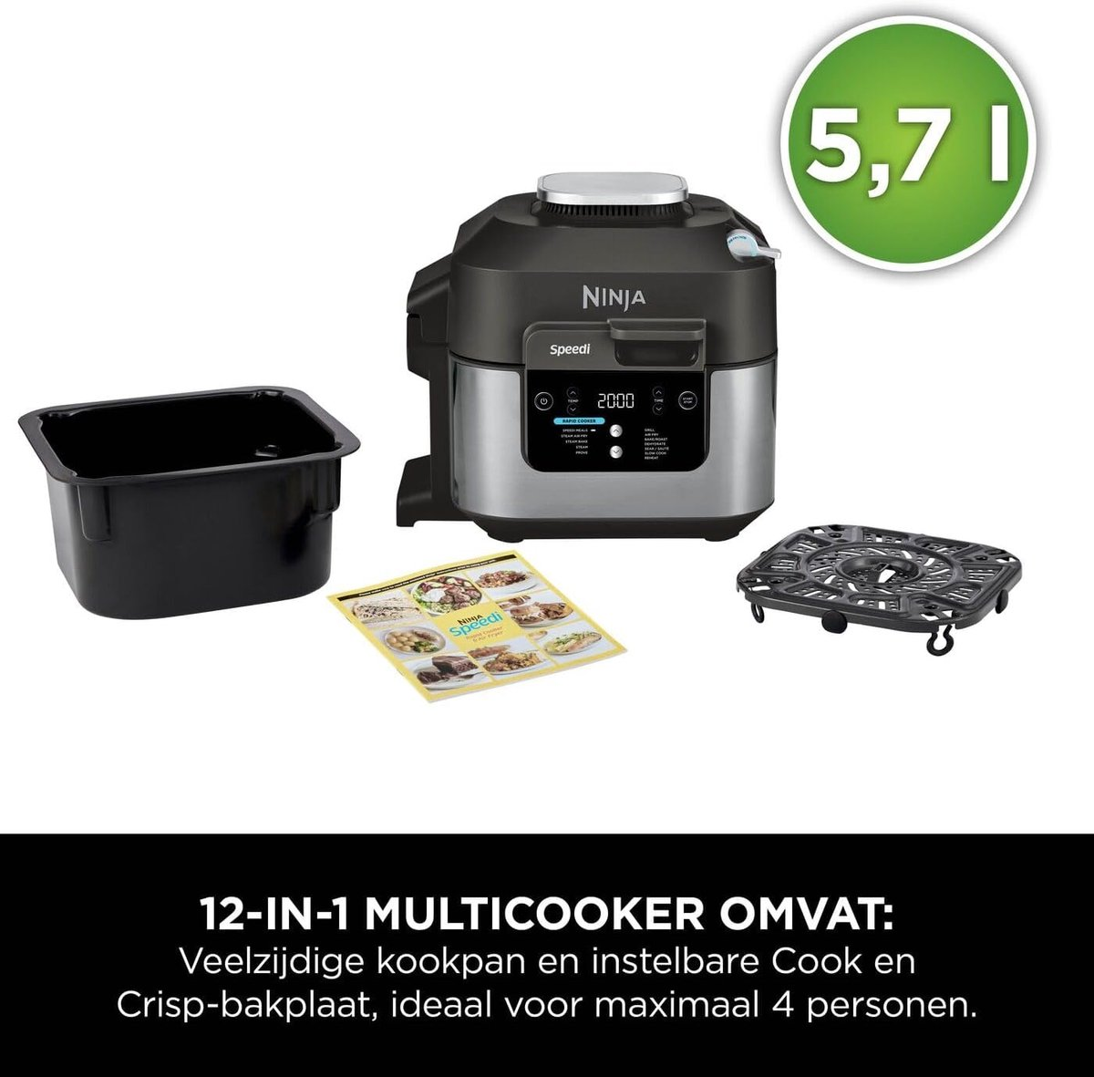 Ninja Speedi 5.7L multicooker with accessories: pot, rack, recipe booklet.