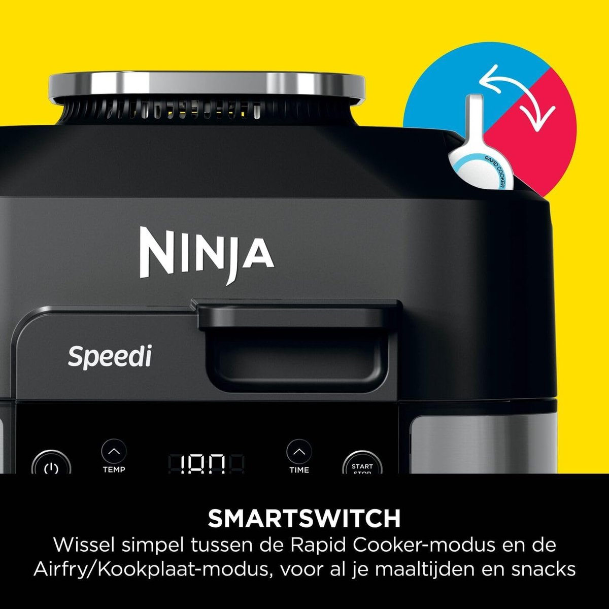 A black Ninja Speedi air fryer with control panel against a yellow background.