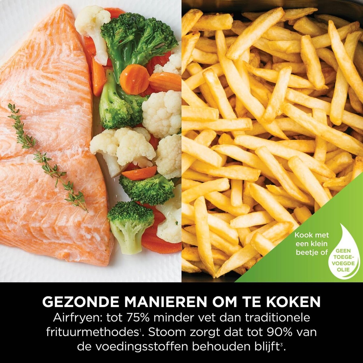 Left: salmon with broccoli, cauliflower, and carrots. Right: French fries.