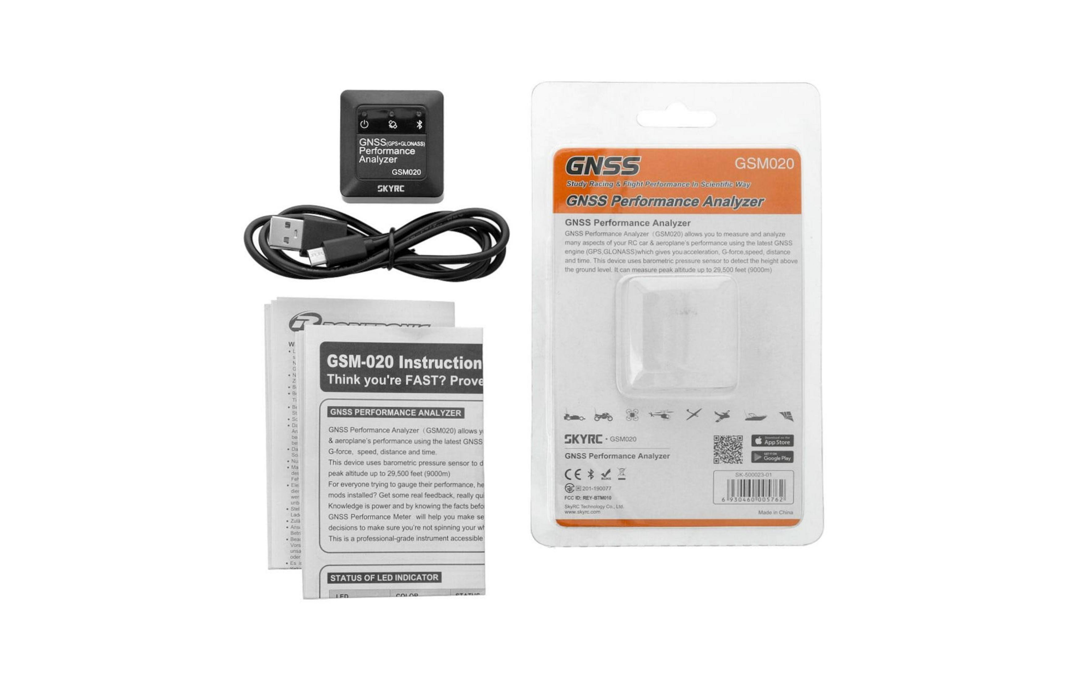Analizzatore di prestazioni GNSS con cavo USB e istruzioni.