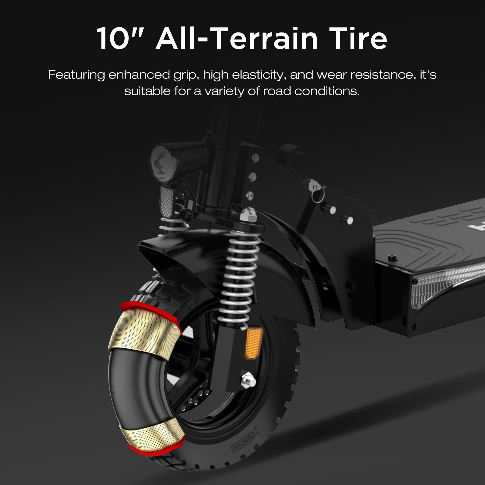 Nahaufnahme eines schwarzen Elektrorollers mit 10-Zoll-All-Terrain-Reifen.