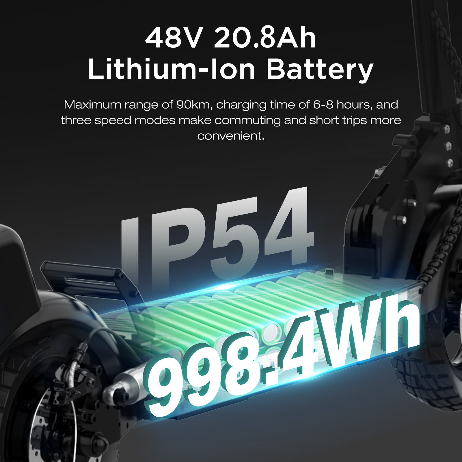 Elektroroller-Batterie mit 998,4 Wh, 48V 20,8 Ah, IP54-Schutz.