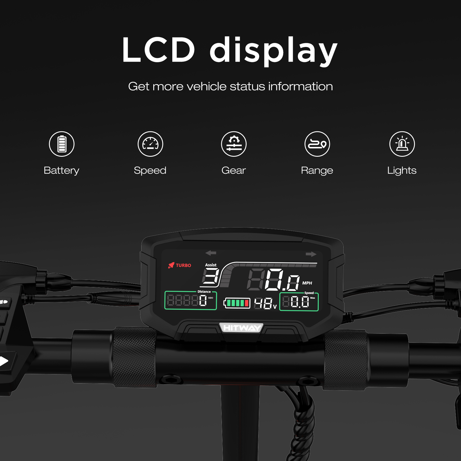 LCD-Anzeige zeigt Geschwindigkeit, Gang, Reichweite, Lichter, Akku, Distanz und Geschwindigkeit.