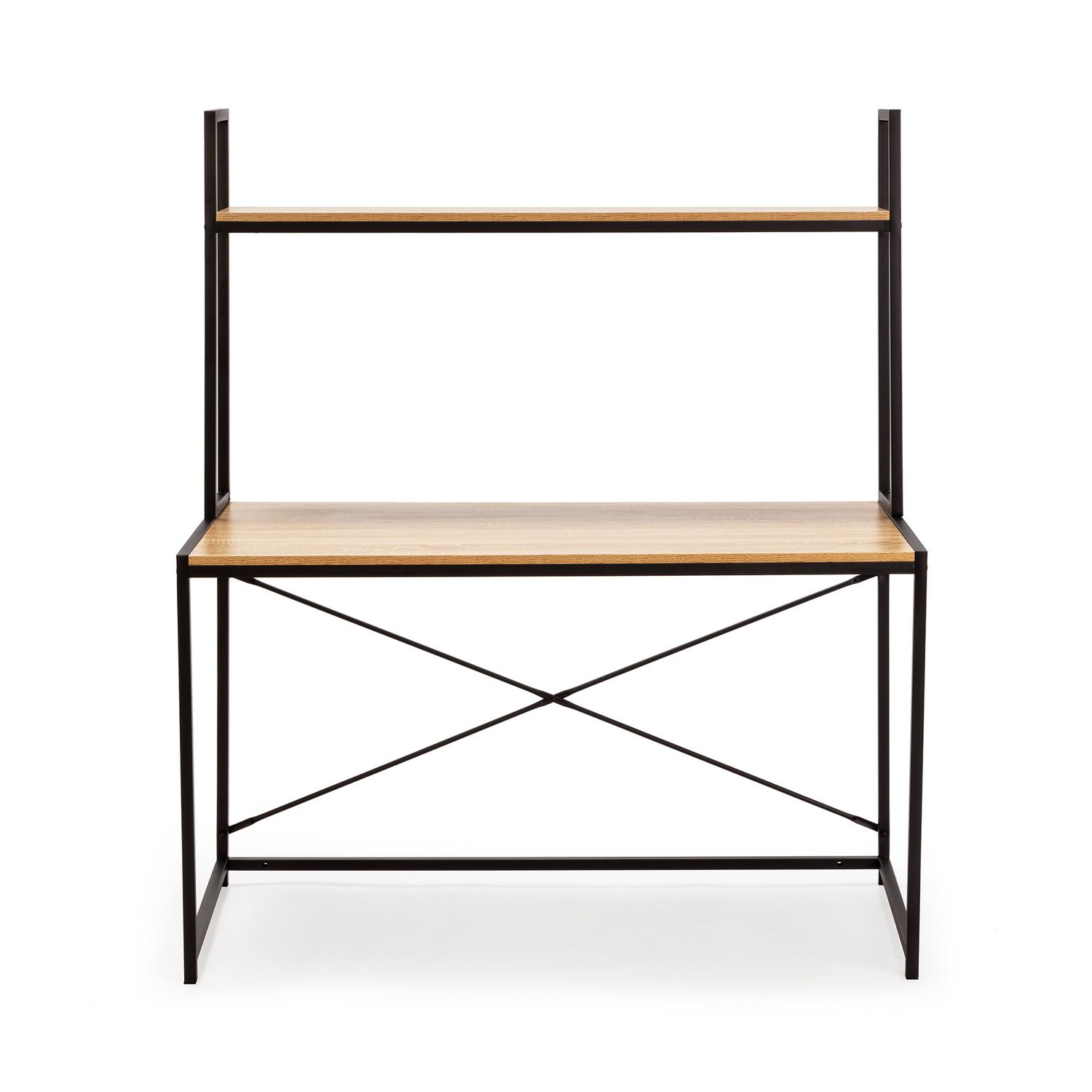 Un escritorio moderno con tapa de madera y dos estantes, sostenido por una estructura de metal negro.