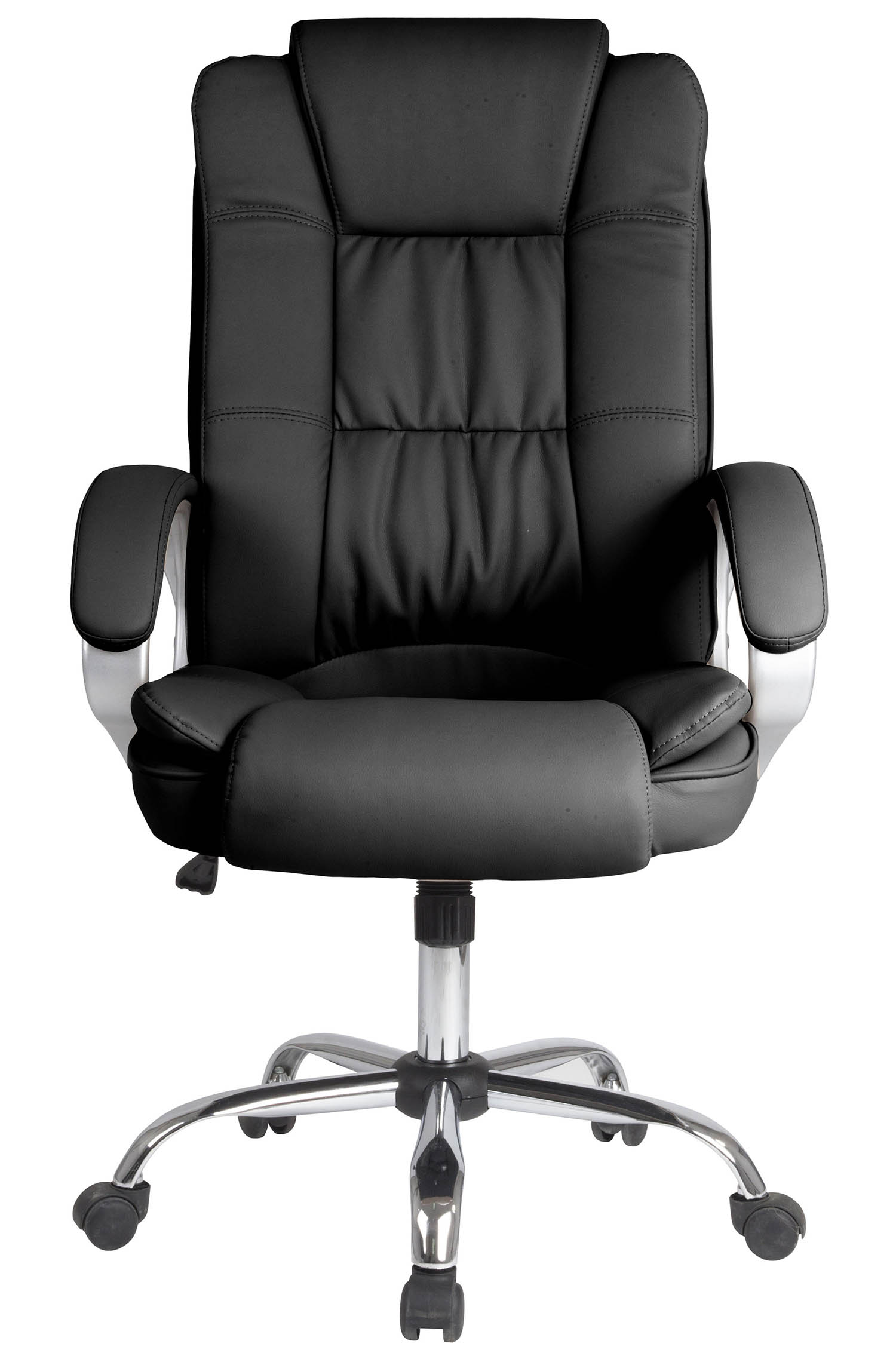 Una silla de oficina negra con brazos y ruedas cromadas.