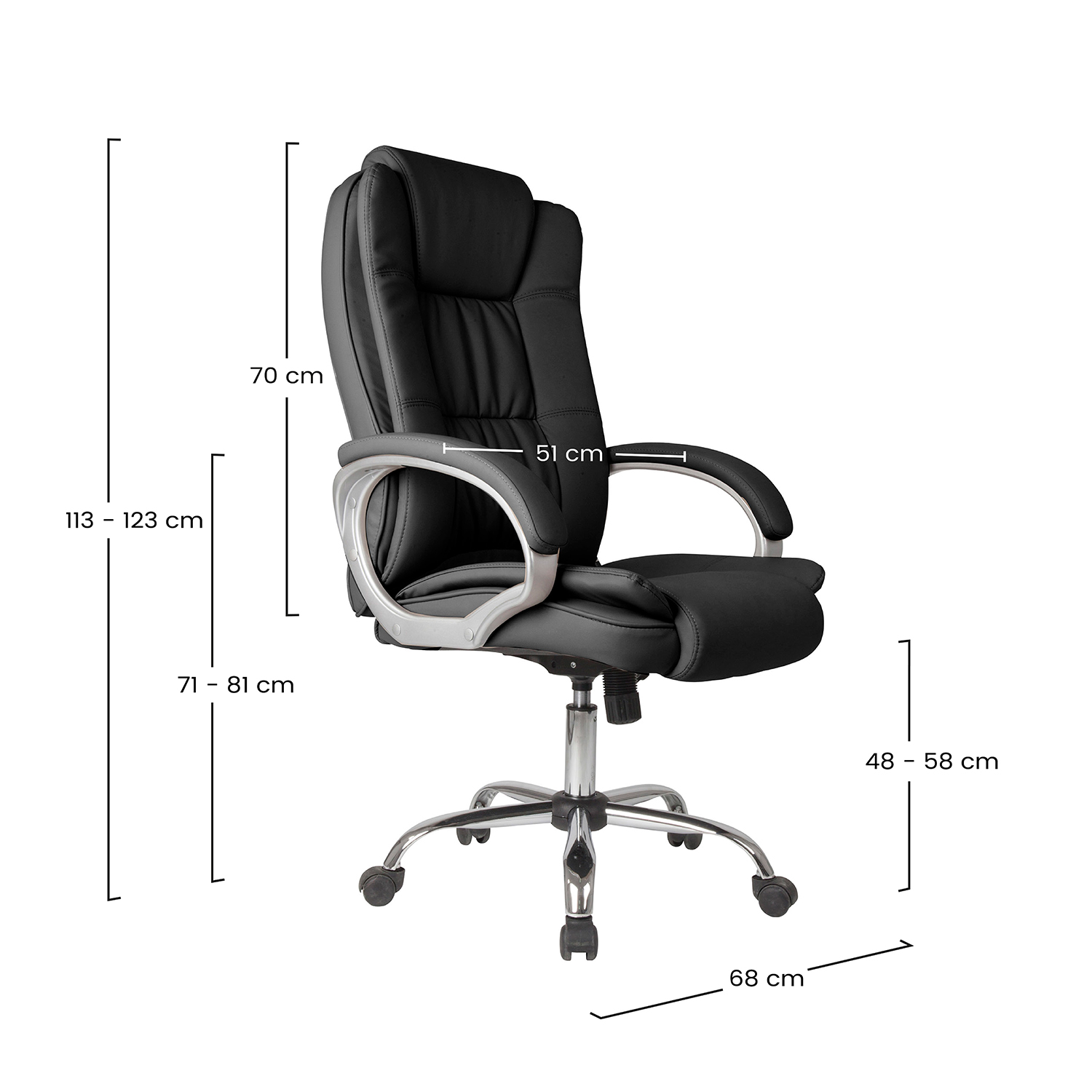 Silla de oficina negra con dimensiones: 113-123 cm alto, 70 cm ancho, 51 cm prof.