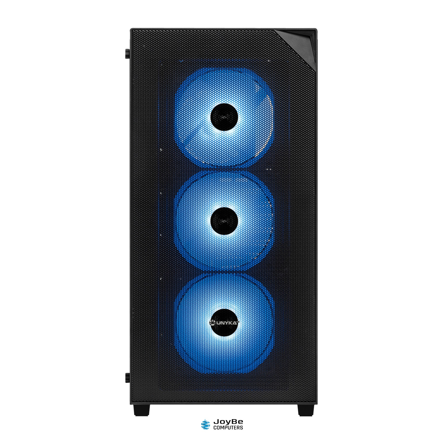 Case del computer nero con tre ventole LED blu e griglia frontale a nido d'ape.