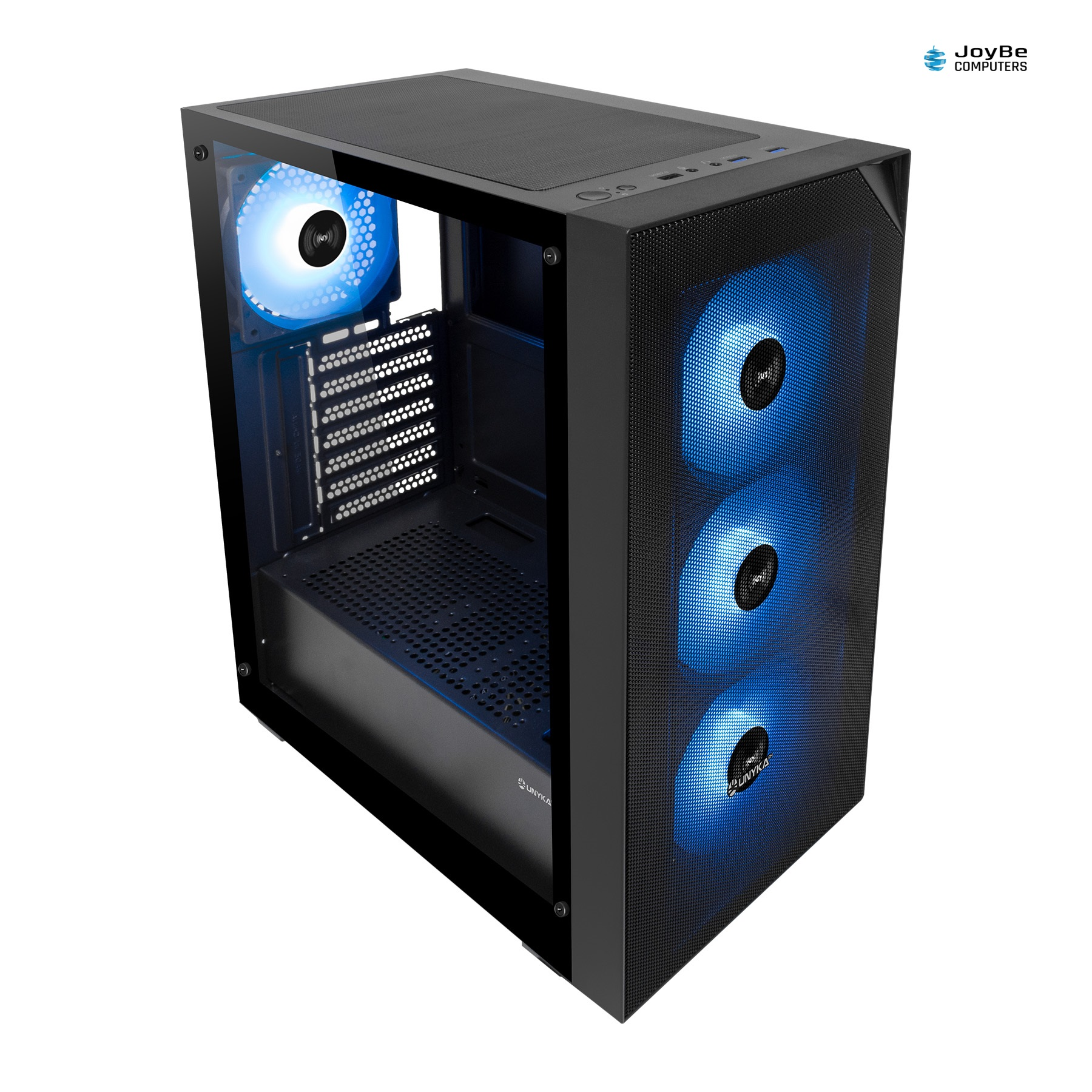 Case PC nero con ventole LED blu. Pannello laterale in vetro trasparente.