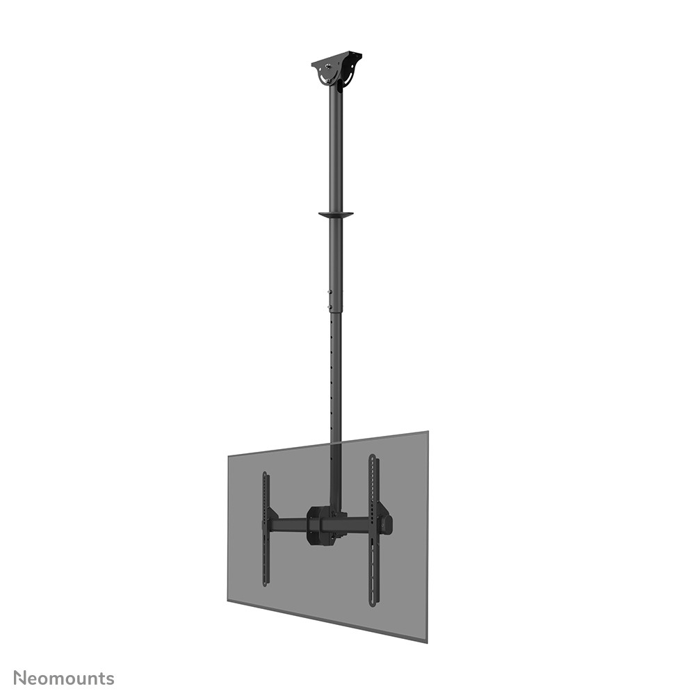 Schwarze Deckenhalterung für Fernseher mit verstellbarem Arm und Montageplatte.