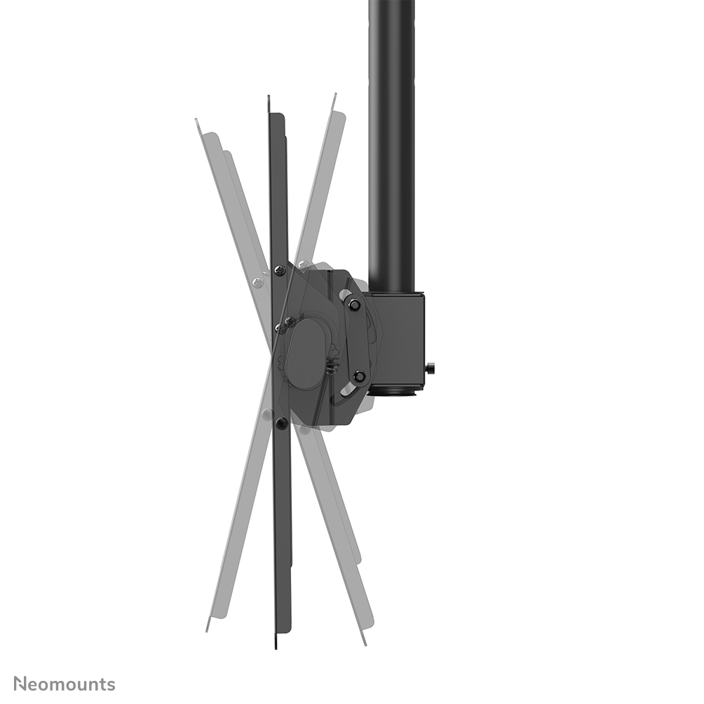 Schwarze Deckenhalterung mit verstellbarem Arm für einen Bildschirm, auf weißem Hintergrund.