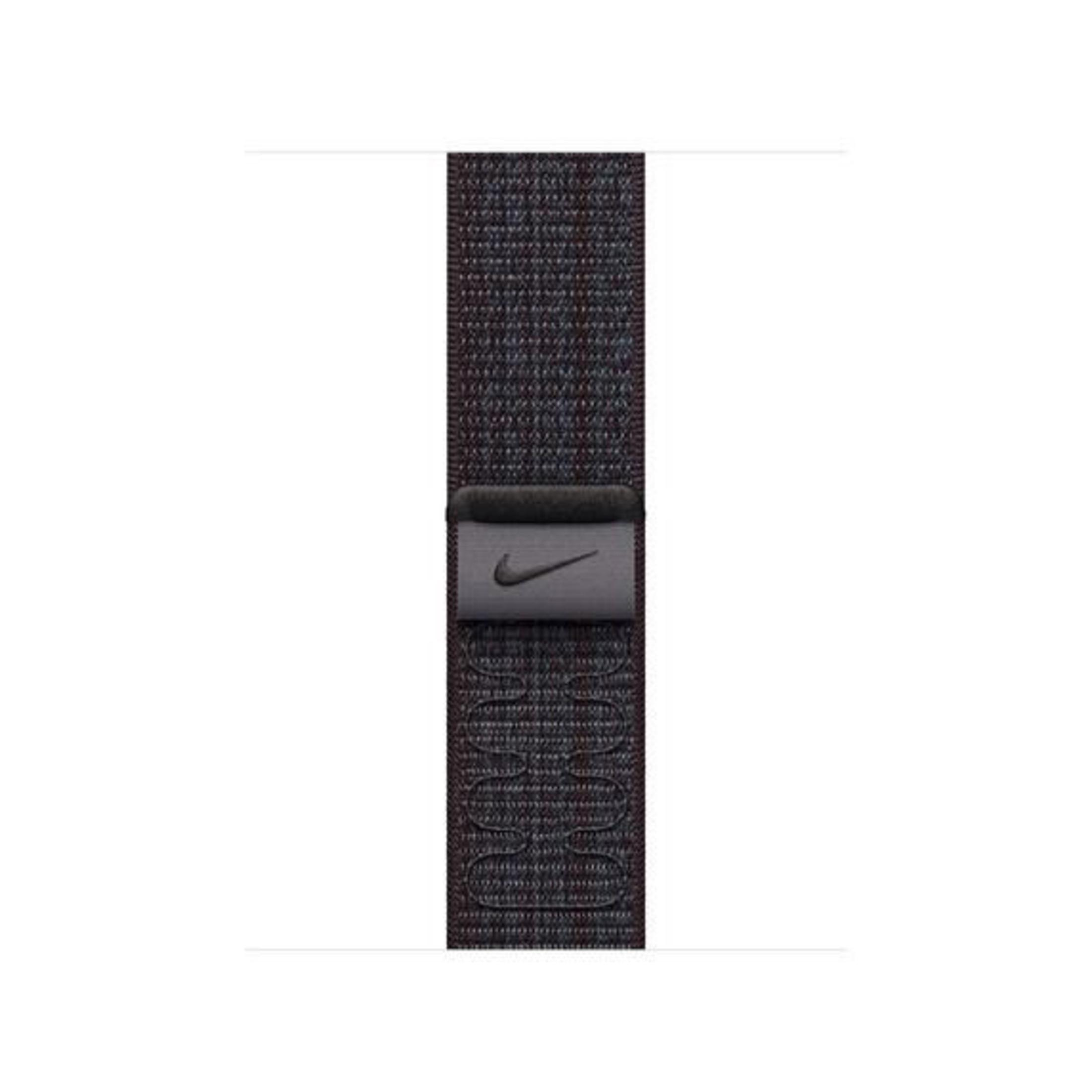 Nike watch band with black Swoosh logo and gray-black pattern.