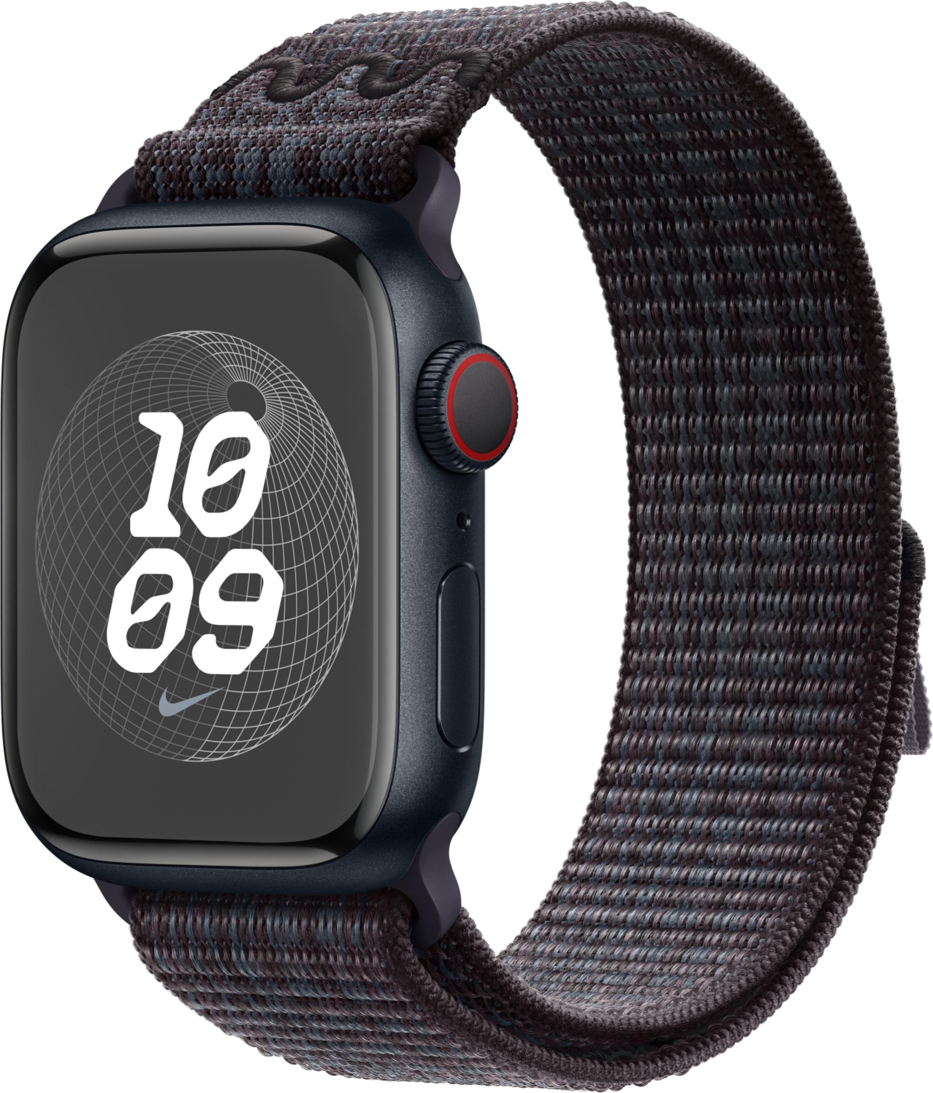 A dark smartwatch with a woven gray and black band. The time 10:09 is displayed.