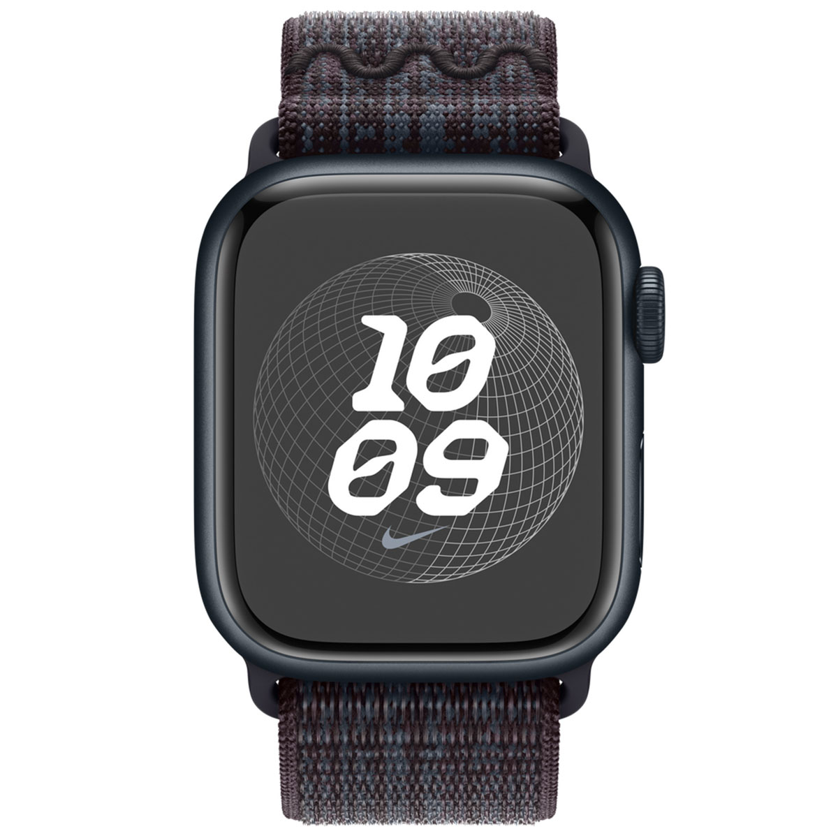 A dark smartwatch with a patterned band displays 10:09.