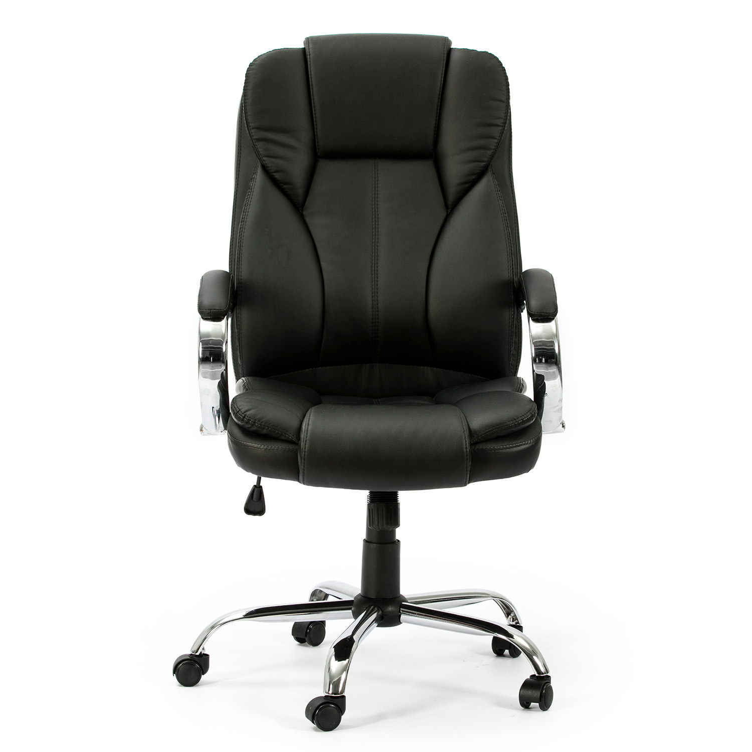 Silla ejecutiva negra de cuero con detalles cromados y ruedas.