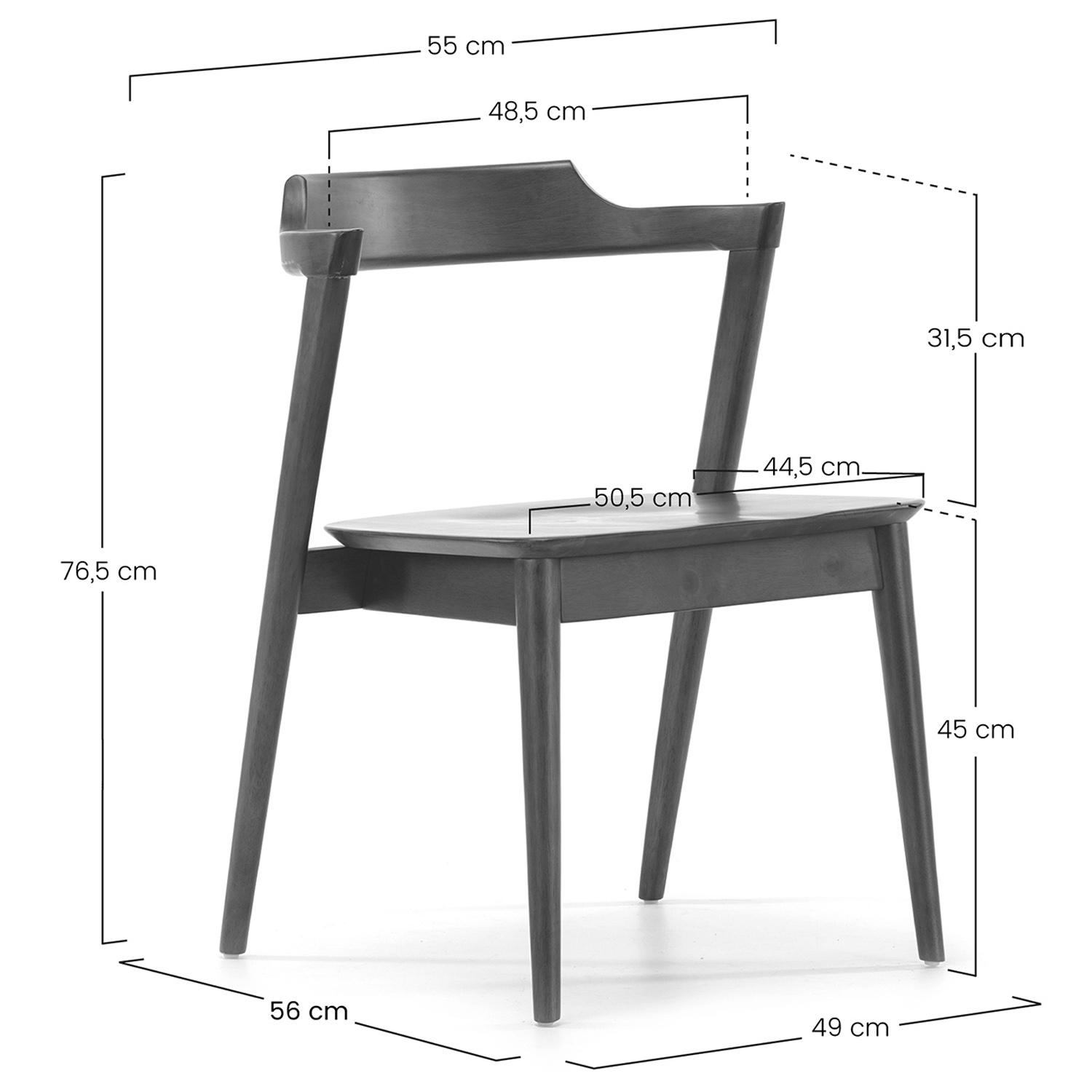 Silla de madera gris con dimensiones: 76,5cm alto, 55cm ancho.