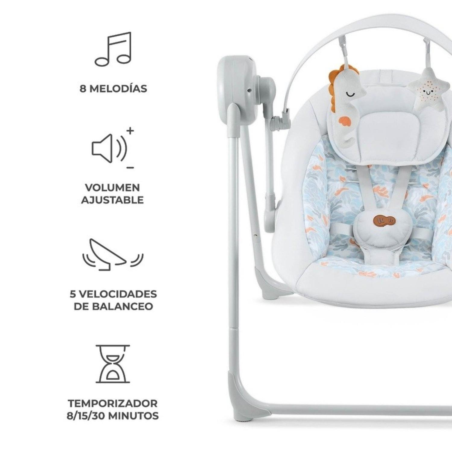 Babywippe mit 8 Melodien, verstellbarem Volumen, 5 Geschwindigkeiten und Timer.