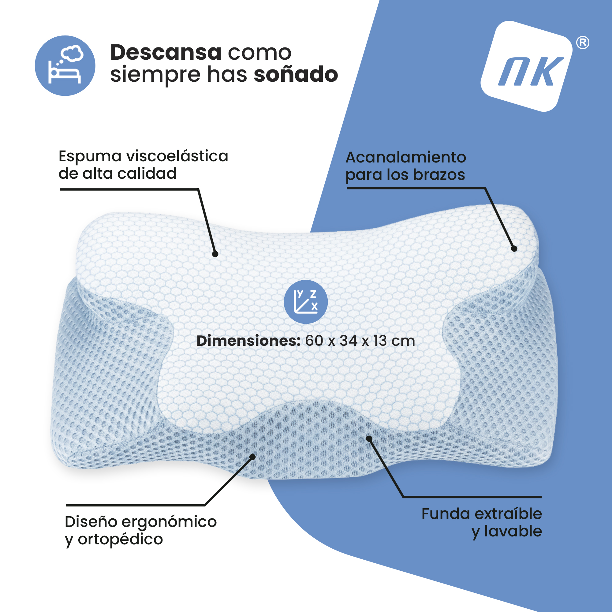 Una almohada ergonómica azul y blanca con detalles de texto y logo.