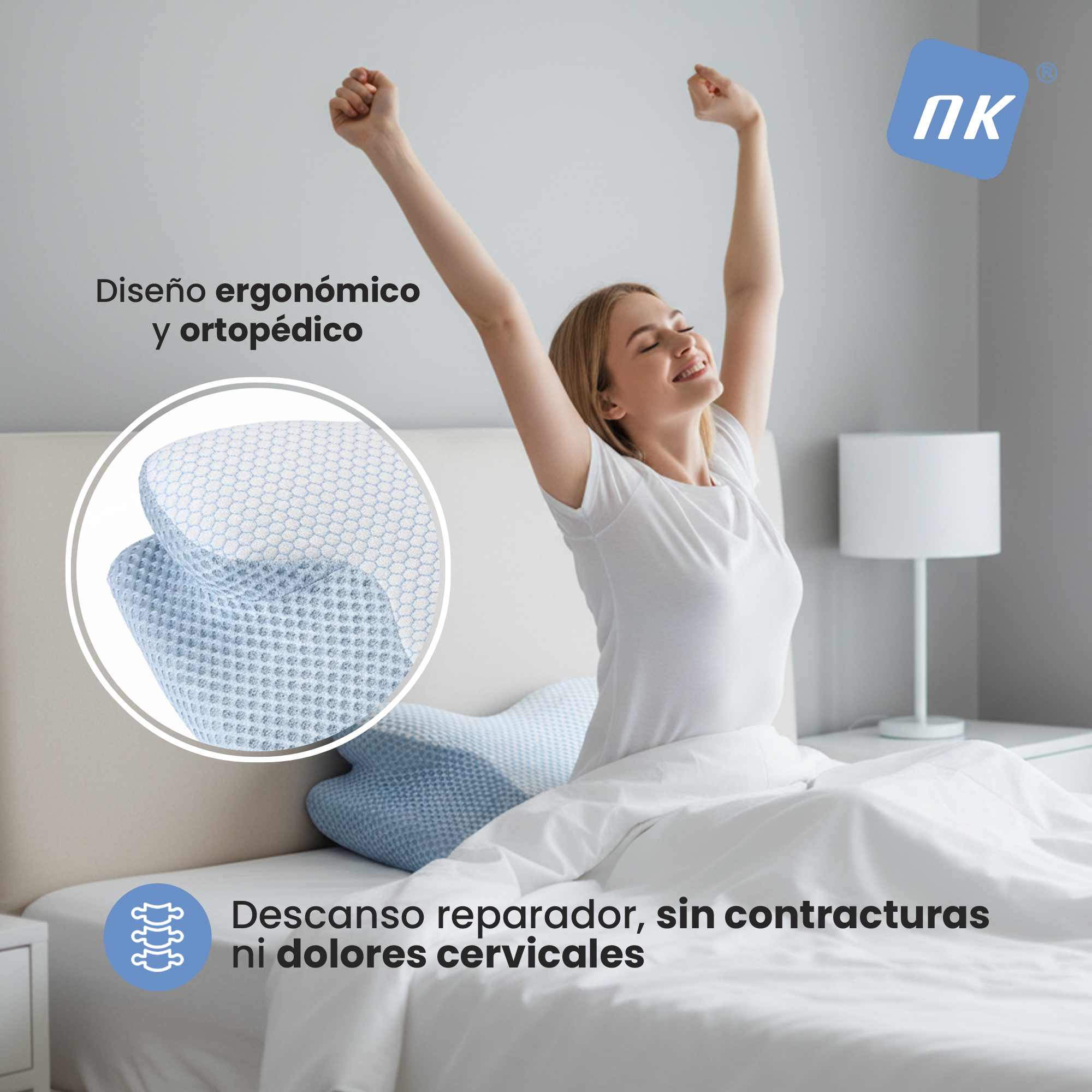 Mujer se estira en la cama, con primer plano de almohada azul y texto.