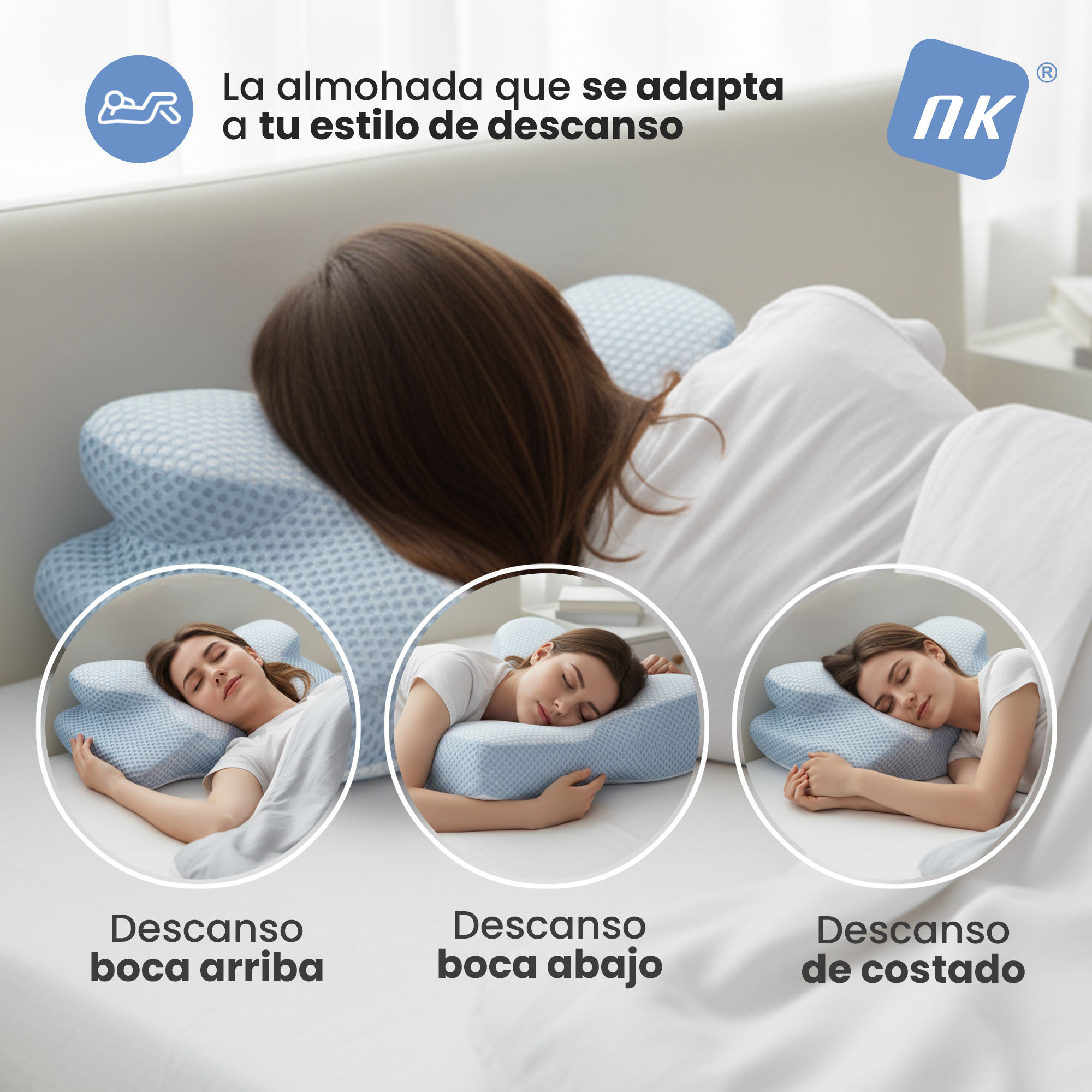 Una mujer duerme en una almohada azul. Tres escenas muestran diferentes posiciones para dormir.