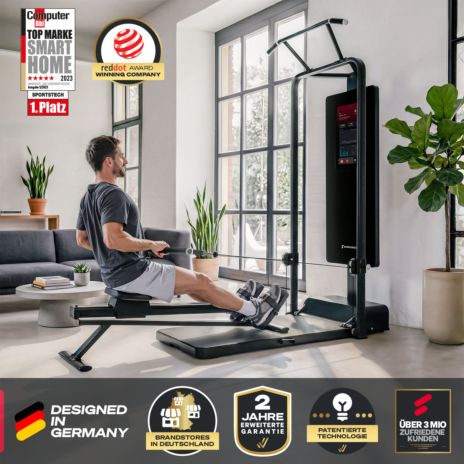 Mann rudert auf einem Smart-Gerät mit Bildschirm. Auszeichnungen: Top Marke Smart Home, Red Dot Award.