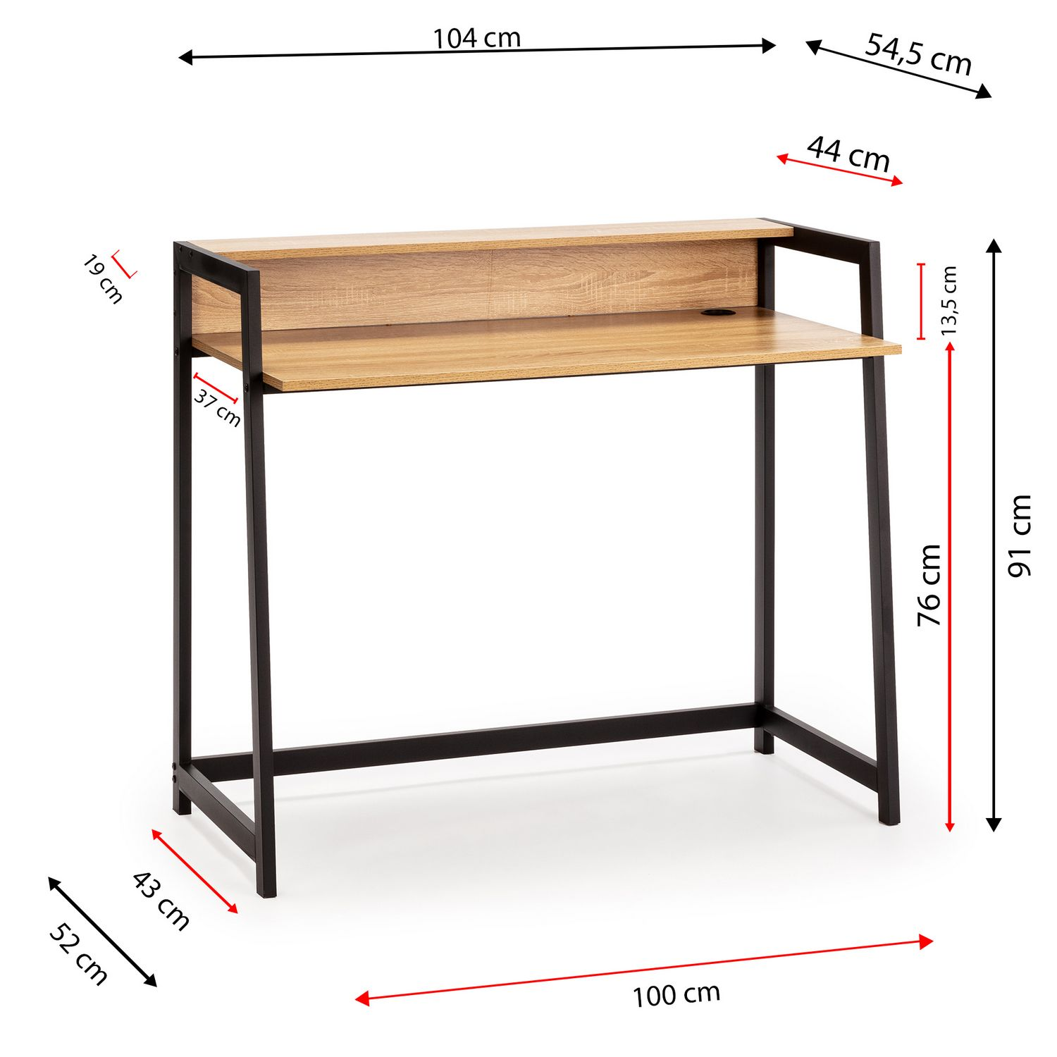 Un escritorio con tablero de madera y estructura de metal negro, se indican medidas.
