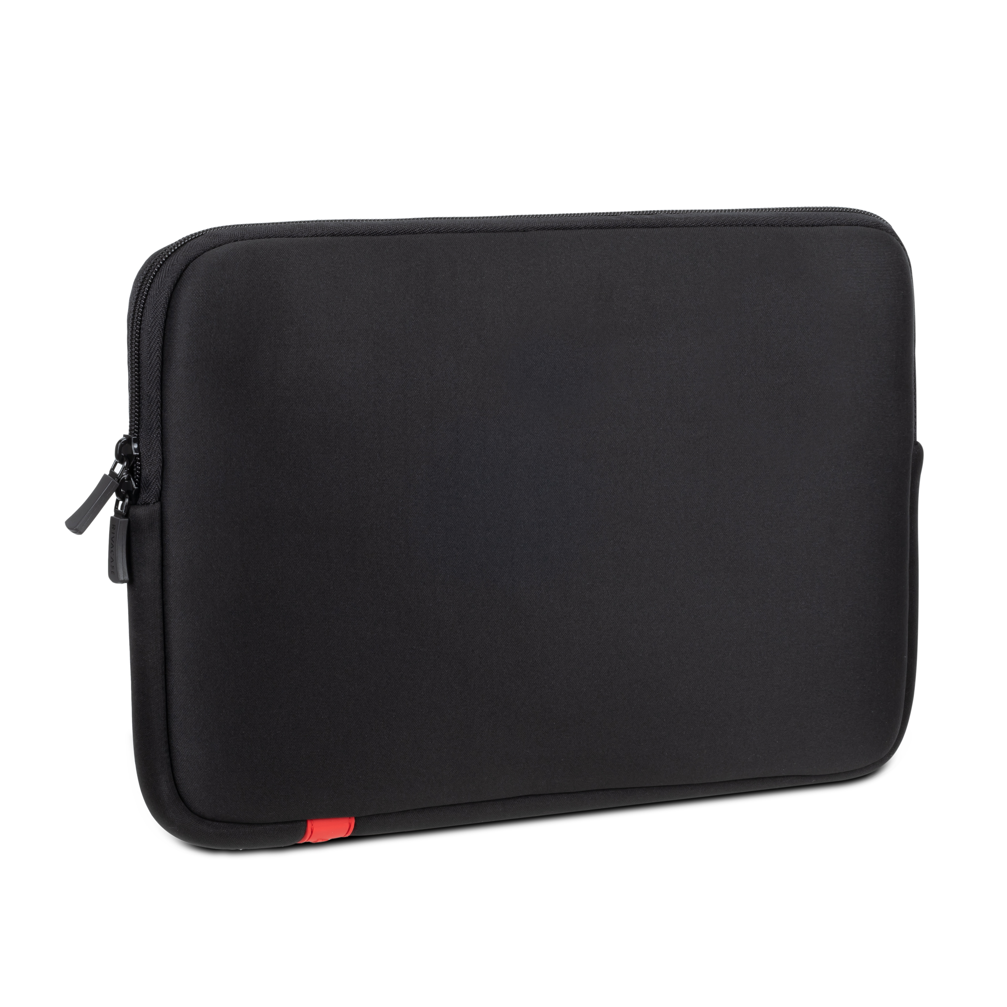 Black laptop sleeve with zipper and a red accent detail.