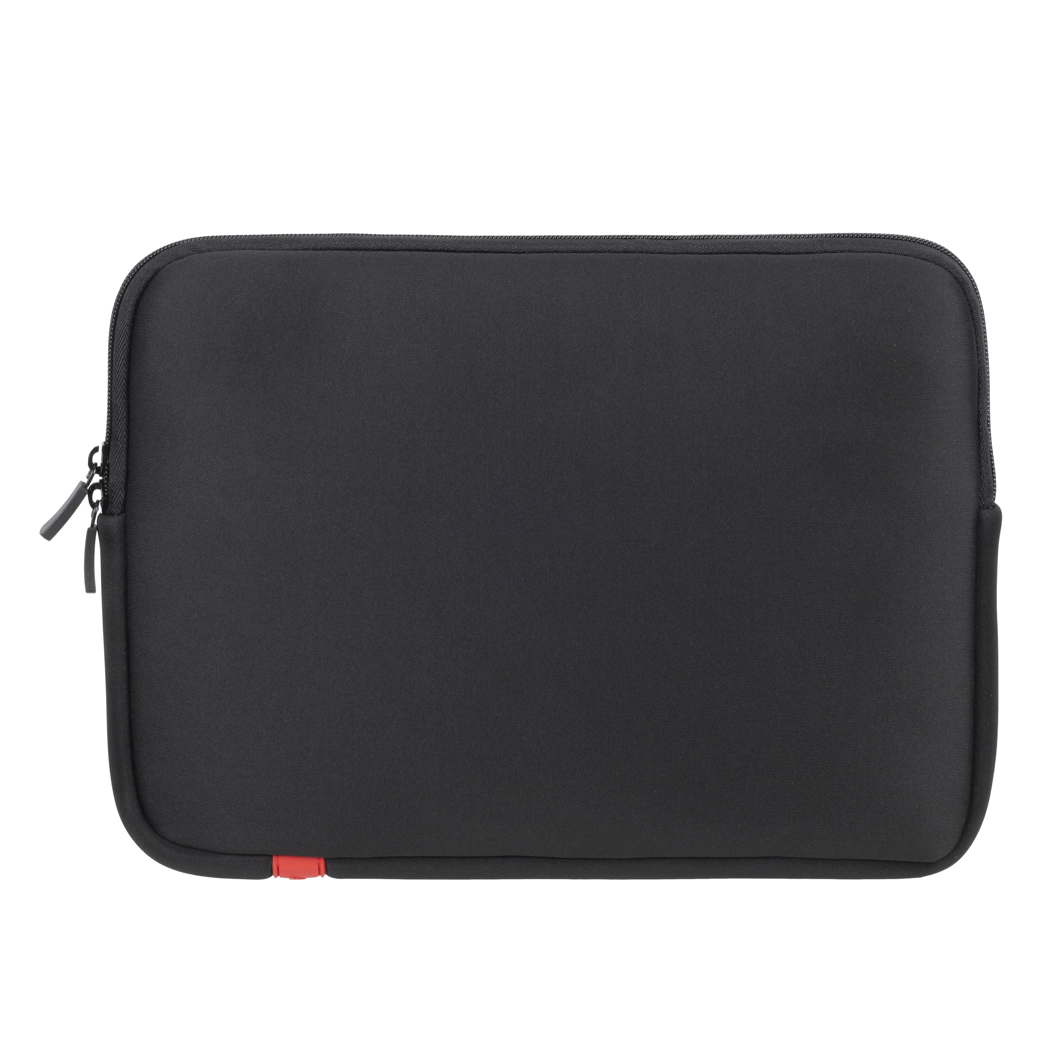 Black laptop sleeve with zipper and small red tag.