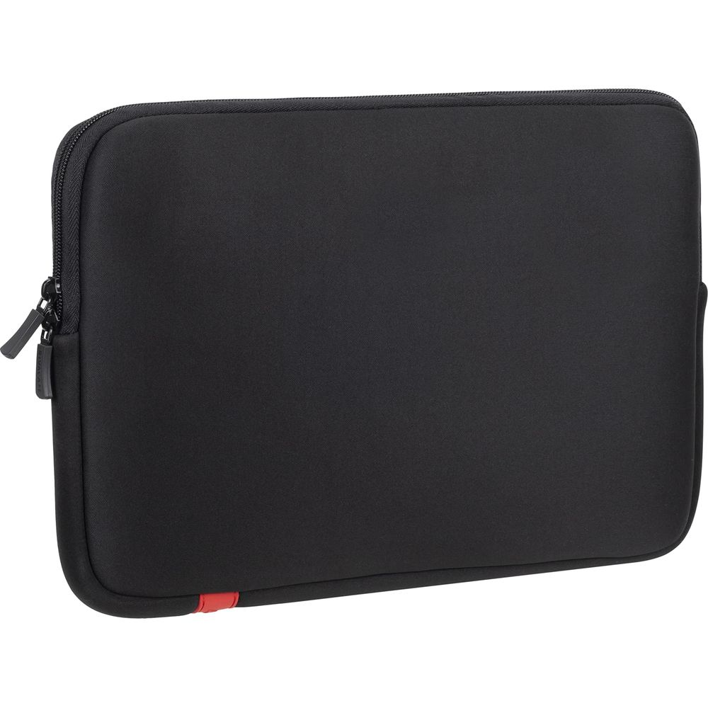 Black laptop sleeve with zipper and red accent detail.