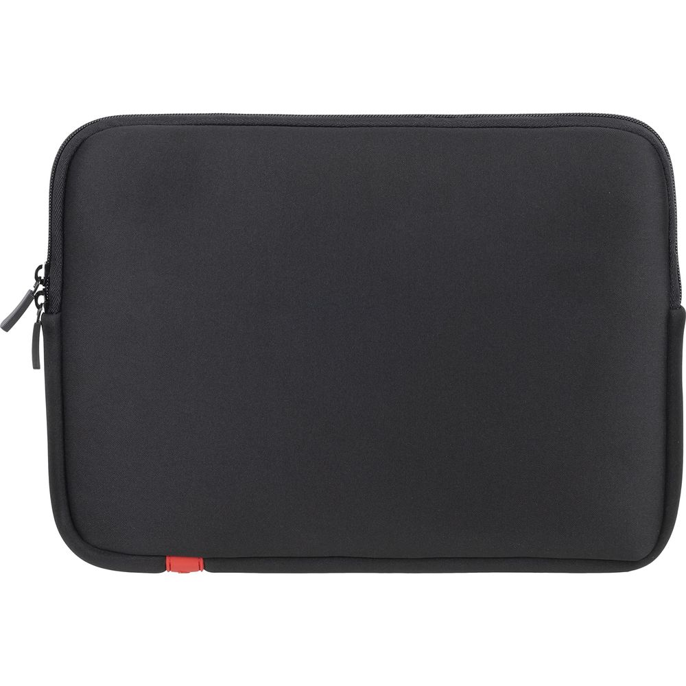 Black laptop sleeve with zipper and red accent. Simple design.
