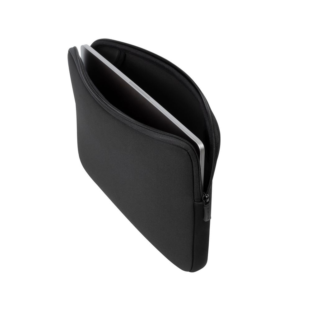 A black laptop sleeve with a silver laptop partially inserted.