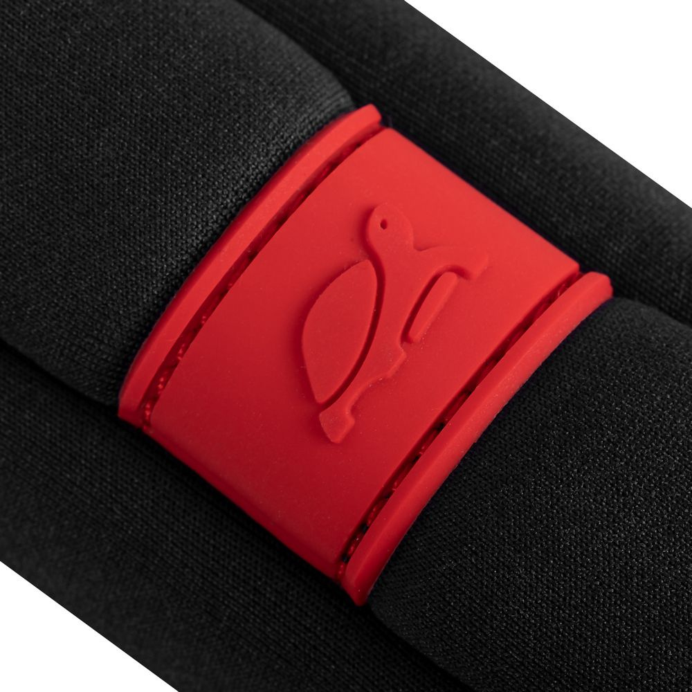 Black fabric with a red band and bird logo.