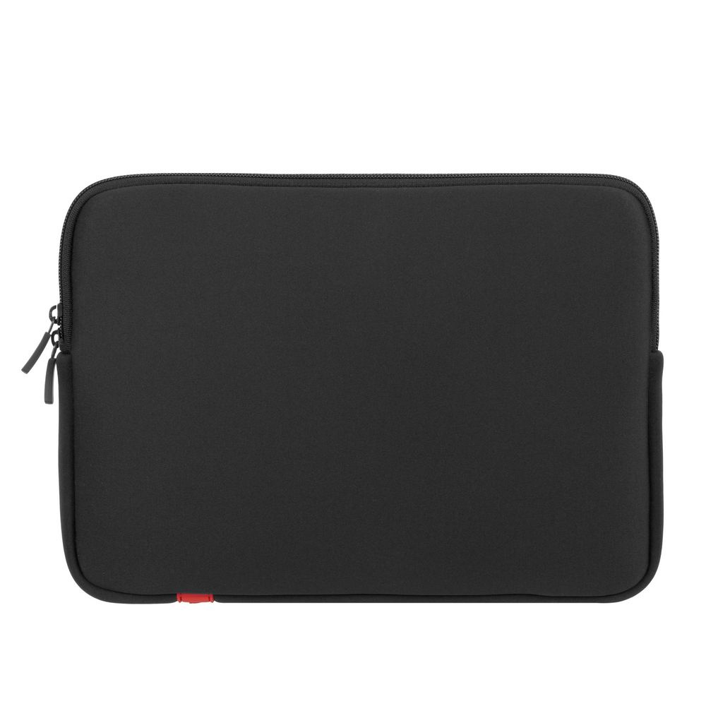 A black laptop sleeve with a zipper and a small red tab on the bottom left corner.