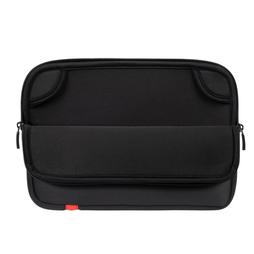 Black laptop sleeve with zipper, front flap, and a red stripe at the bottom.