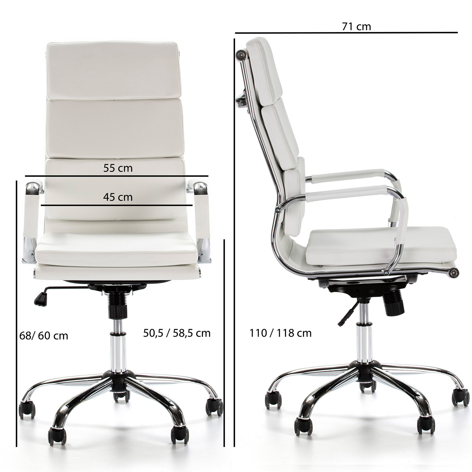 Vistas frontal y lateral de una silla de oficina blanca con detalles cromados y dimensiones.