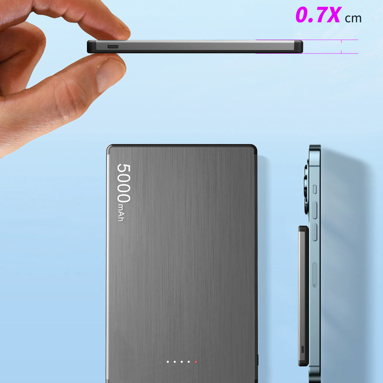 Un dito tiene un oggetto sottile, accanto un power bank e un telefono.