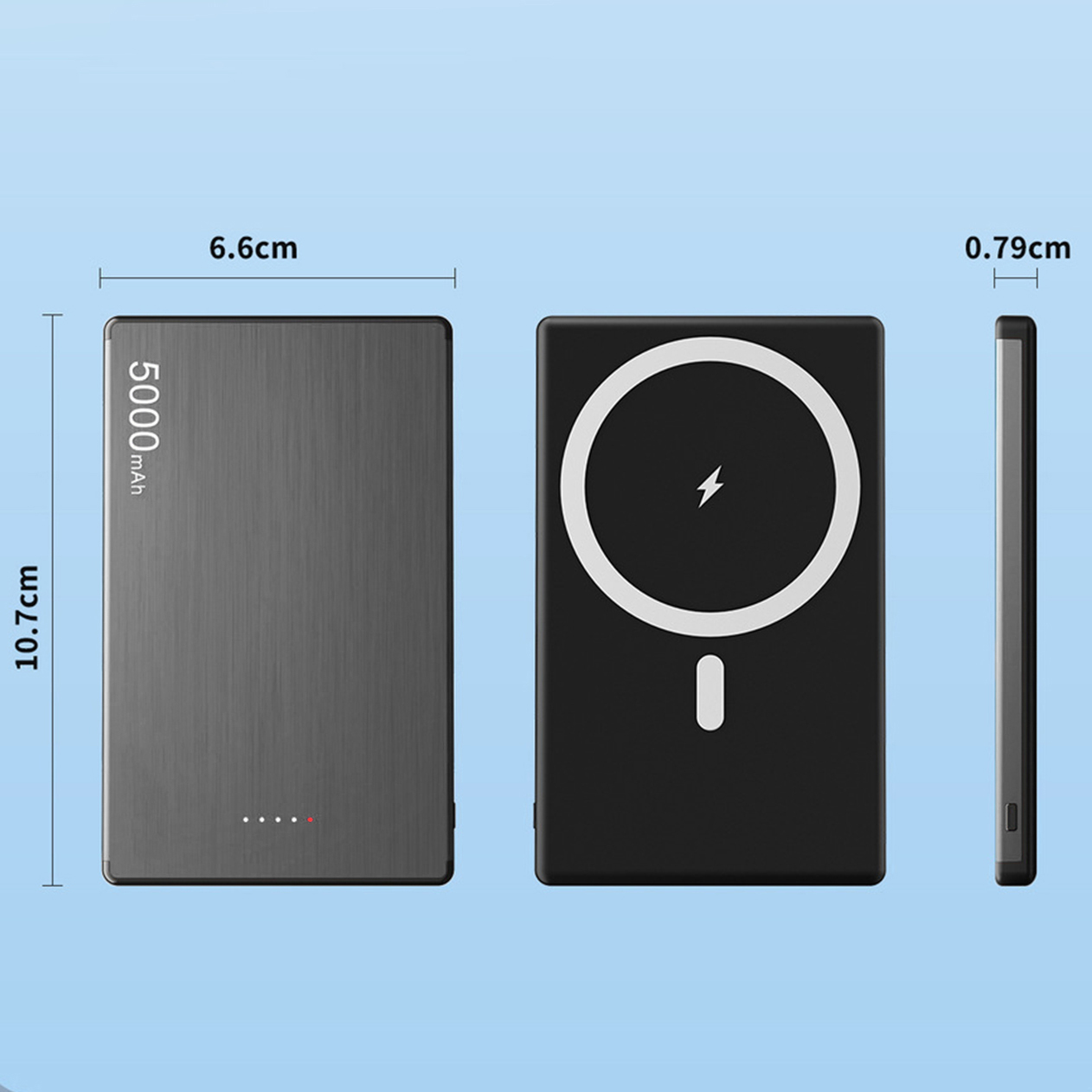 Power bank grigia (5000mAh), power bank nera con cerchio e vista laterale.
