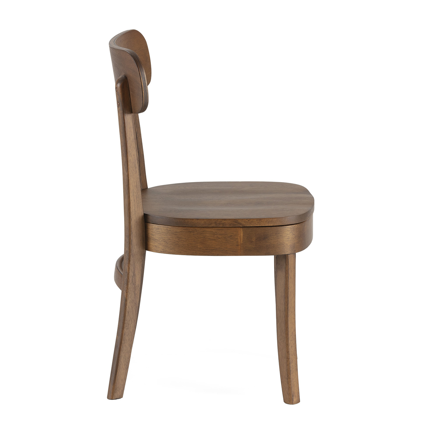 Una silla de madera marrón con respaldo curvo, vista de lado.
