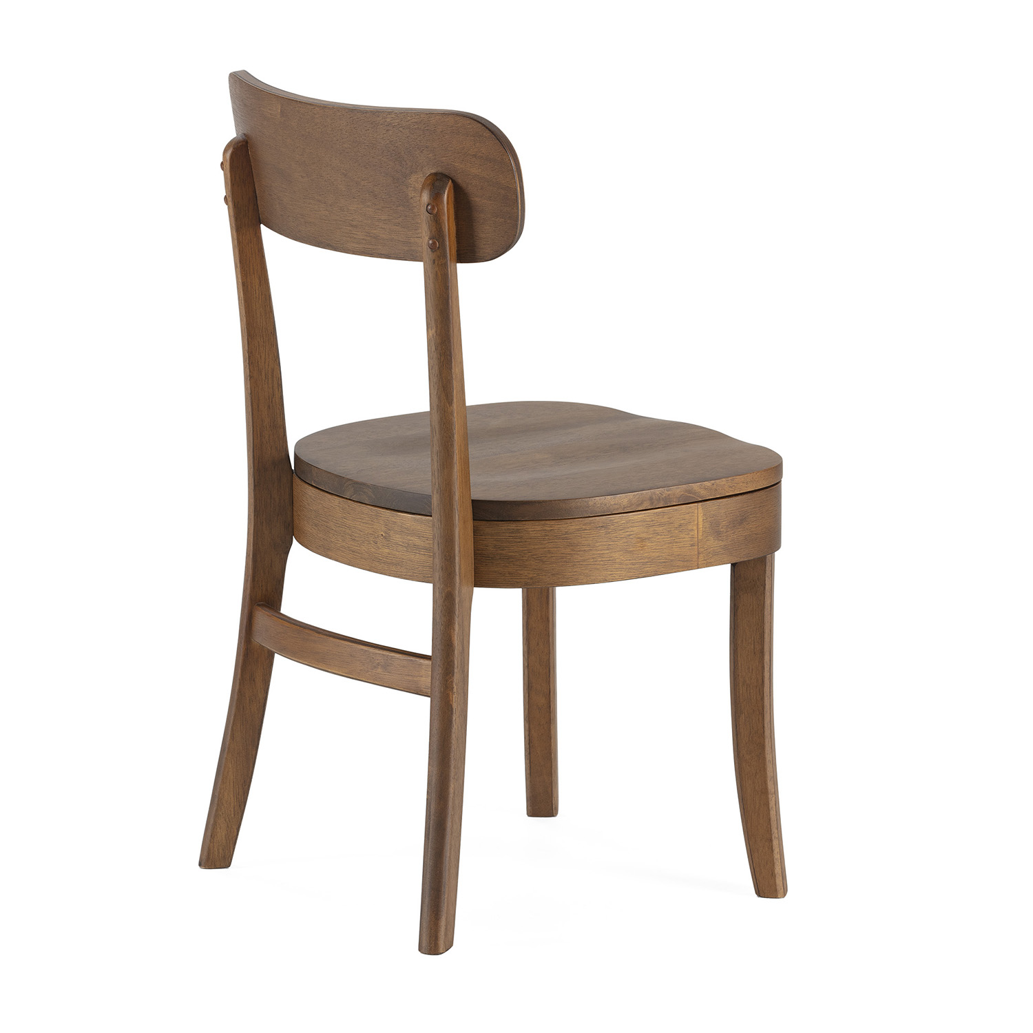 Una silla de madera marrón con respaldo curvo, vista desde atrás.