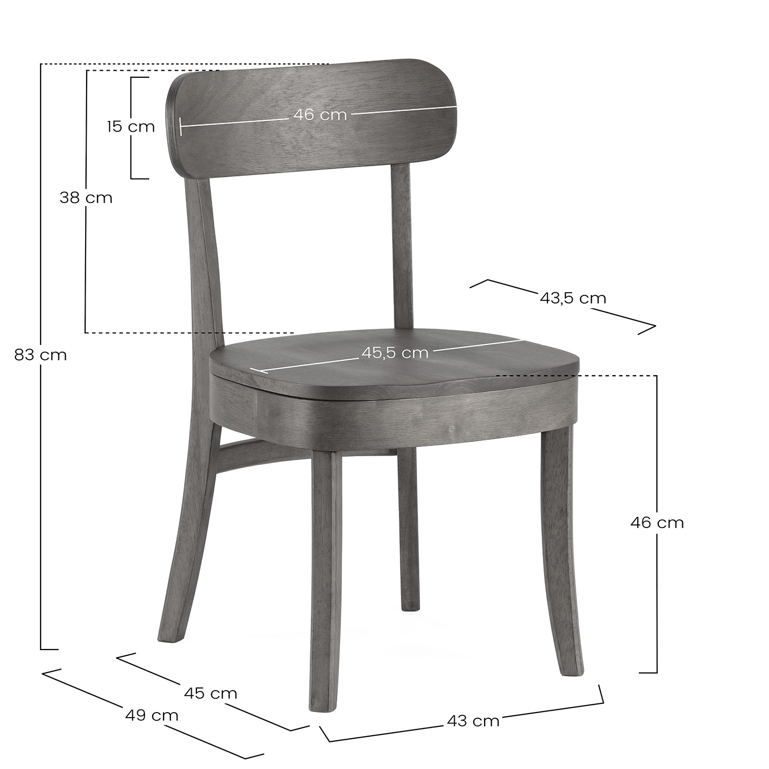 Silla de madera gris con dimensiones: altura total 83cm, altura asiento 46cm.