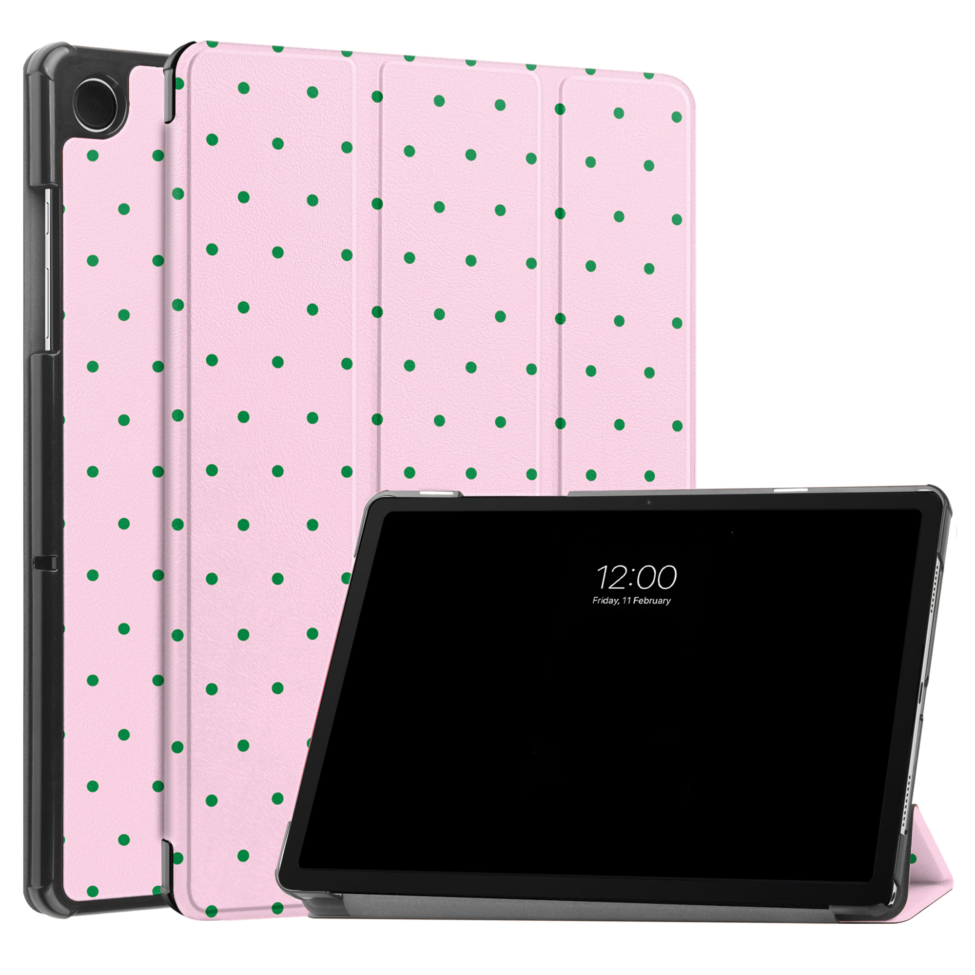 A pink polka dot tablet case next to a tablet.