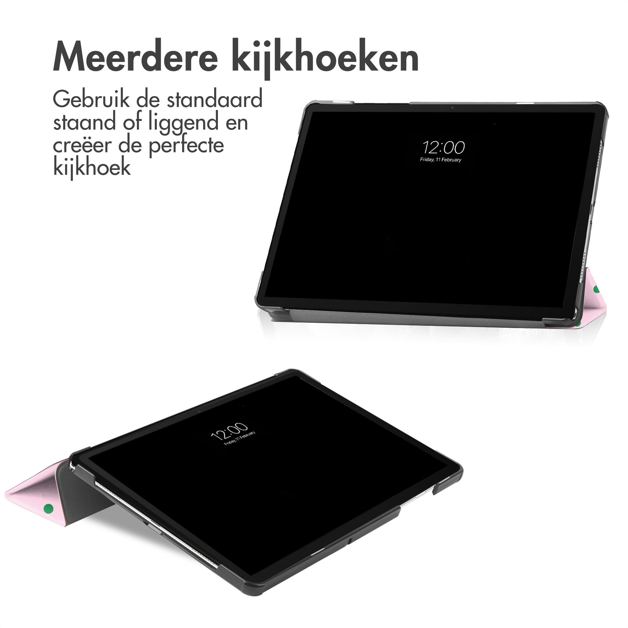 A tablet in a pink stand with green dots, shown in portrait and landscape orientations.
