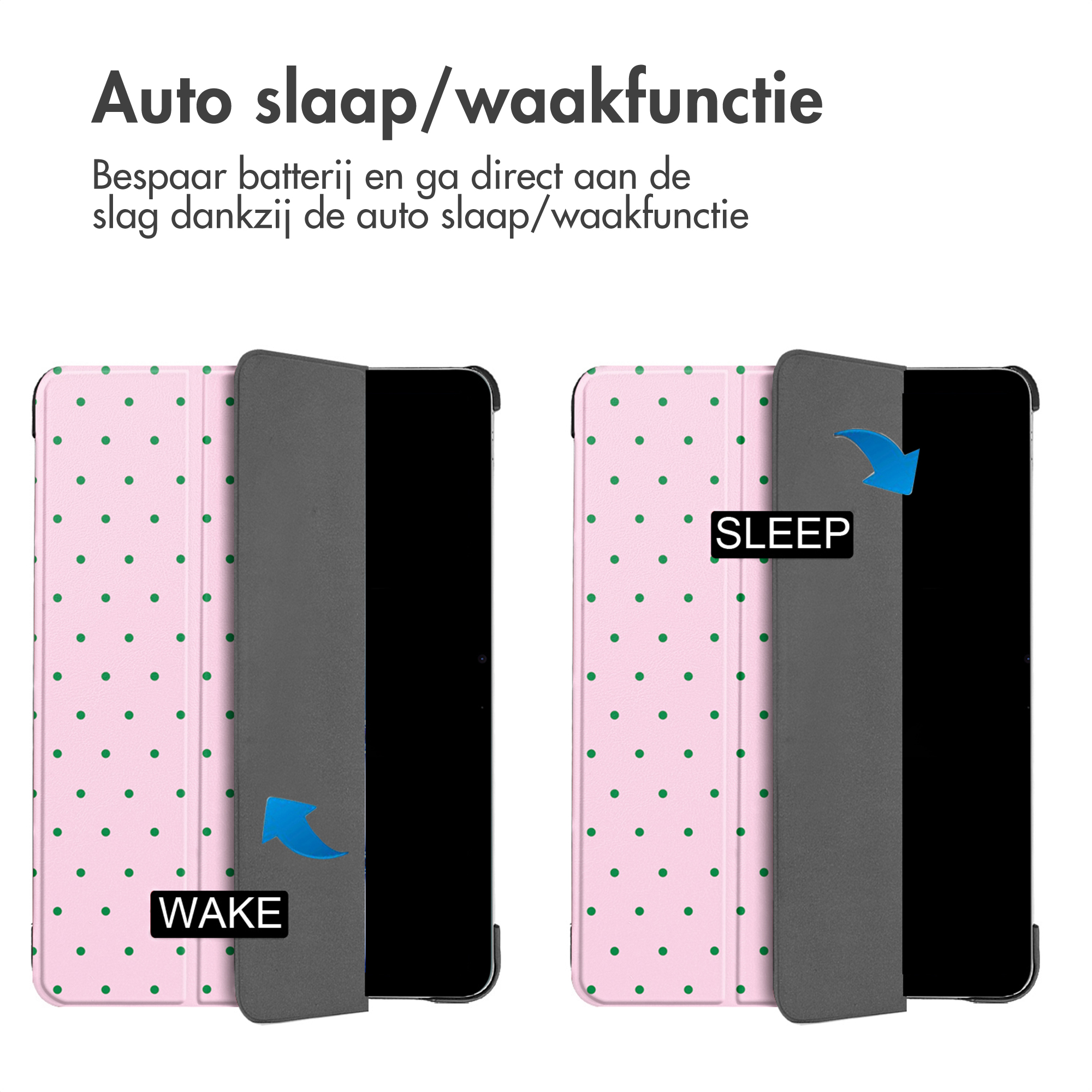 Pink case with green dots for a tablet, showing sleep and wake functions.