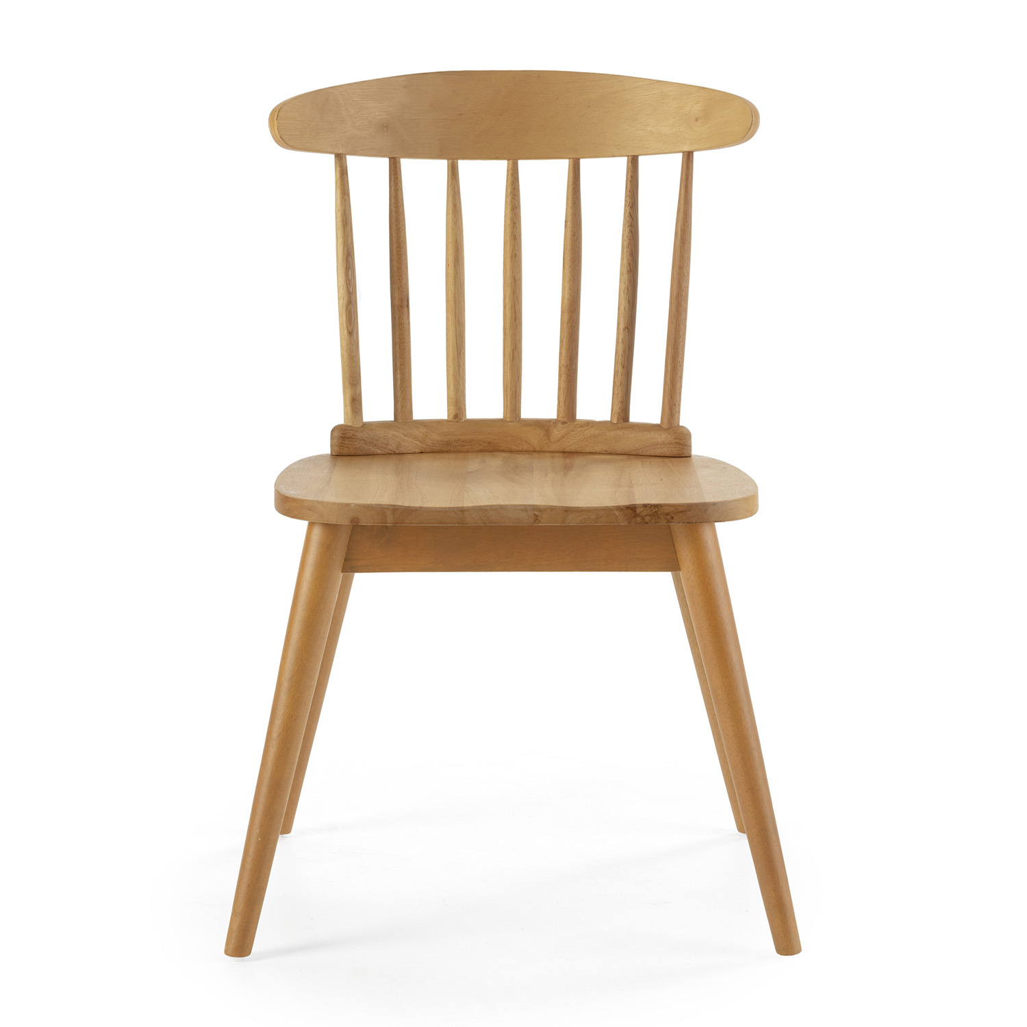 Una silla de madera con respaldo de husillo y patas redondas.