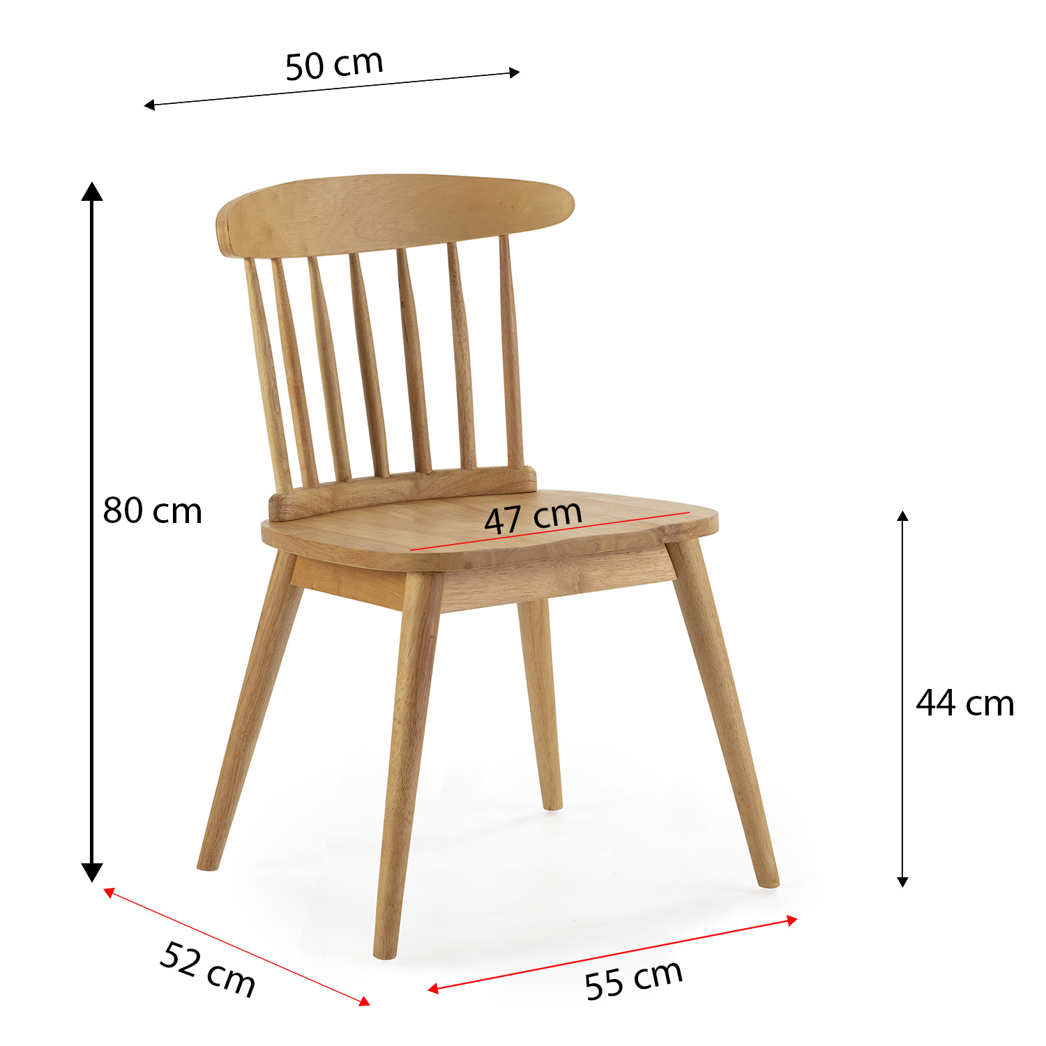 Una silla de madera con listones verticales y dimensiones.