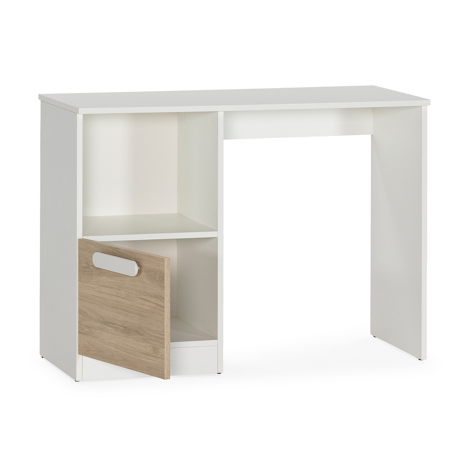 Escritorio blanco moderno con puerta de acento de madera y estante abierto.