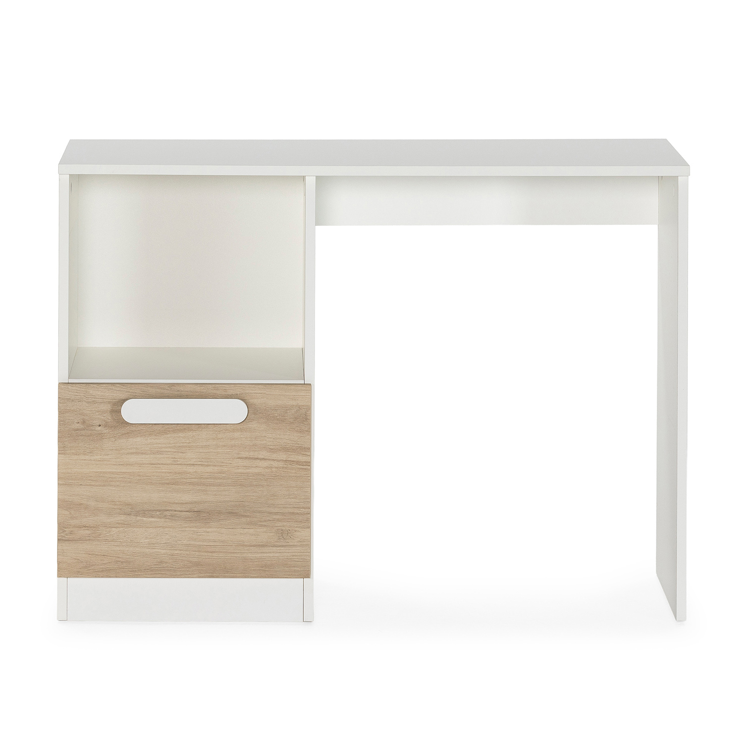 Escritorio blanco con cajón de madera y estante abierto.